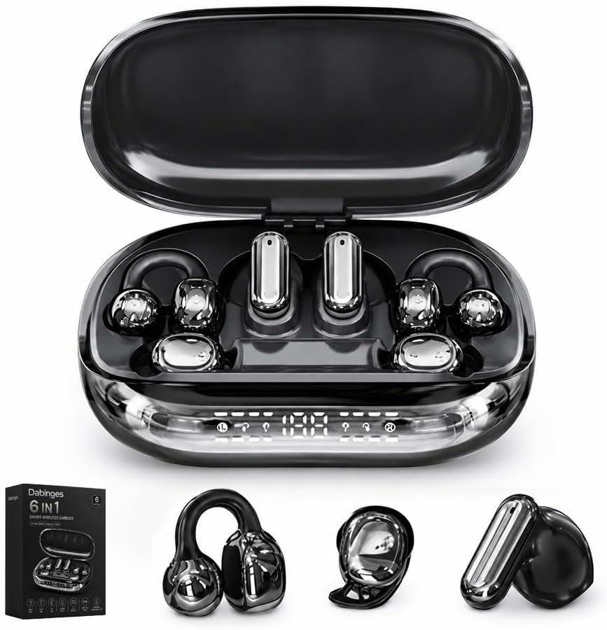 6 in 1 Smart Wireless Earbuds, Open Ear Clip on Sleep Headphones, Bluetooth 6 0, Power Bank Charging Case, LED Display Touch Control, Low Latency Spatial Audio, AI Noise Reduction