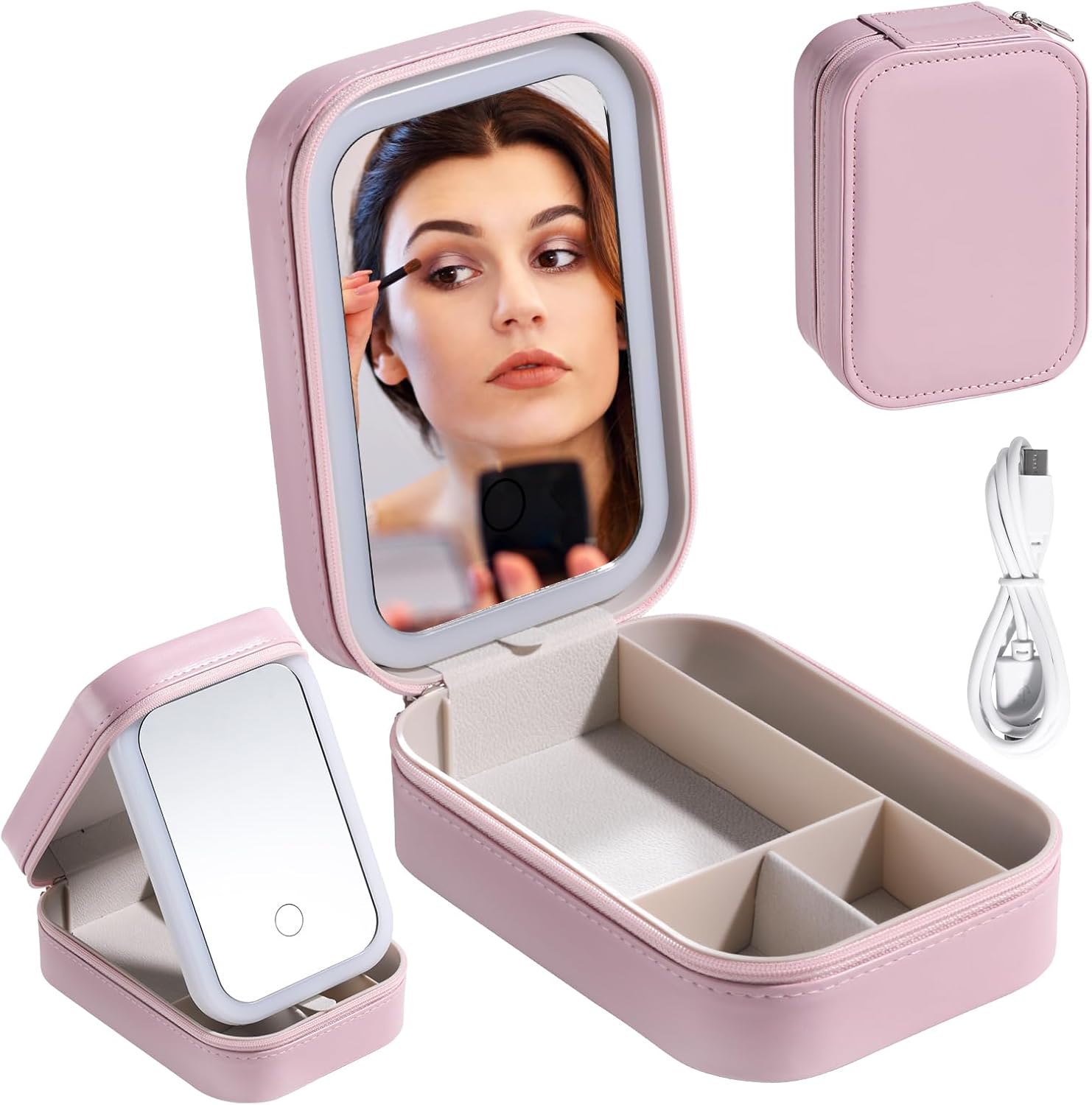 Travel Cosmetic Mirror Case LED Makeup Mirror Storage Case for Eyelash Station Brushes Cosmetic Tools Pink On-the-go Makeup Needs (Pink)