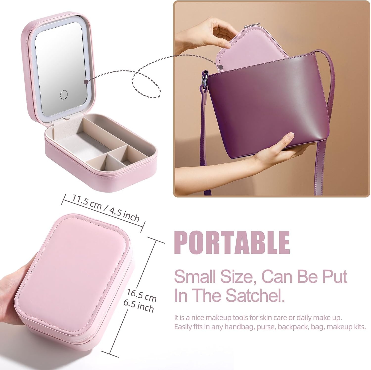 Travel Cosmetic Mirror Case LED Makeup Mirror Storage Case for Eyelash Station Brushes Cosmetic Tools Pink On-the-go Makeup Needs (Pink)