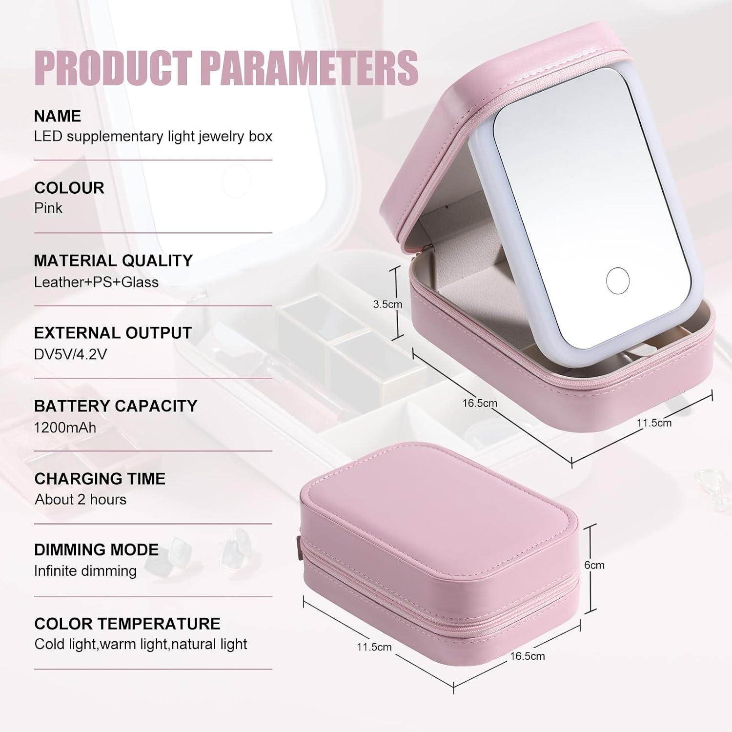 Travel Cosmetic Mirror Case LED Makeup Mirror Storage Case for Eyelash Station Brushes Cosmetic Tools Pink On-the-go Makeup Needs (Pink)