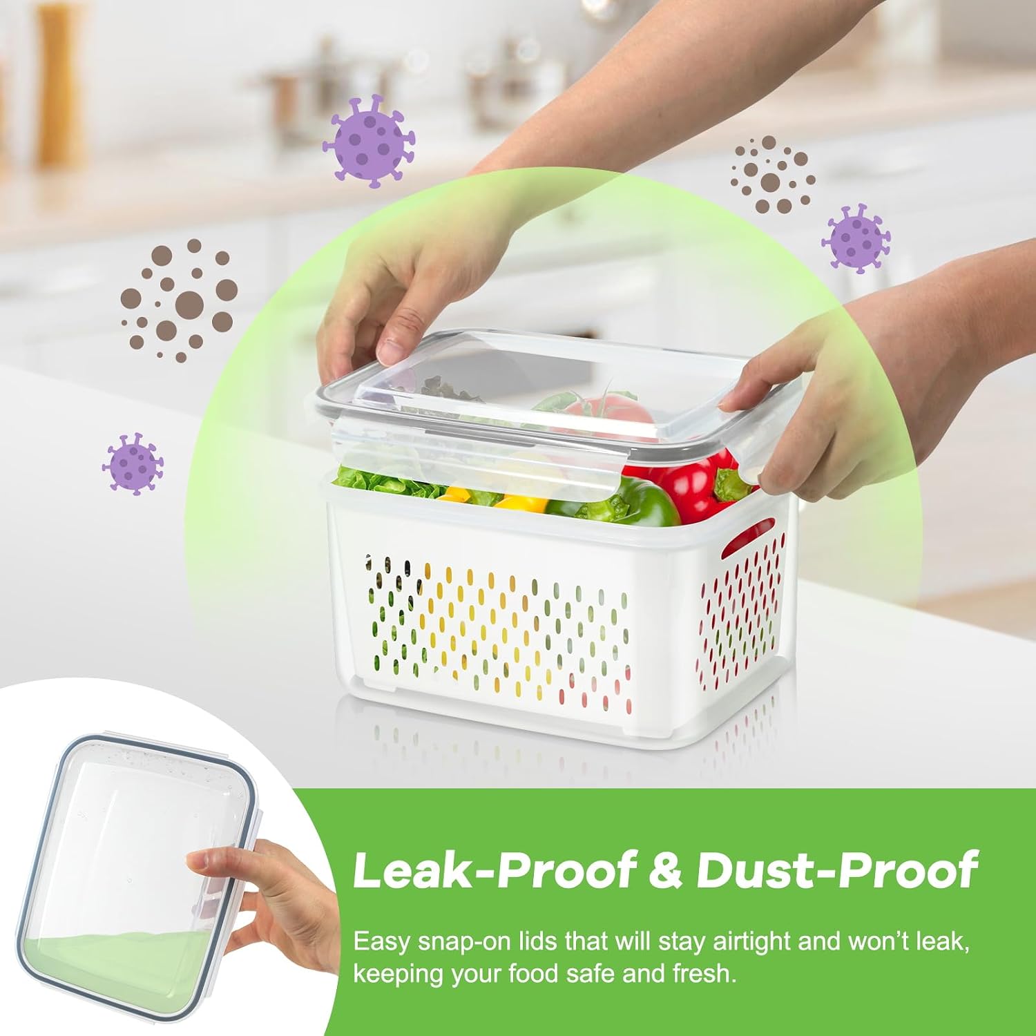 Fruit Storage Containers for Fridge, 3 Pcs Produce Saver with Colander for Rinsing, Berry Containers Lettuce Keeper Refrigerator Organizers Airtight Food Storage with Lid
