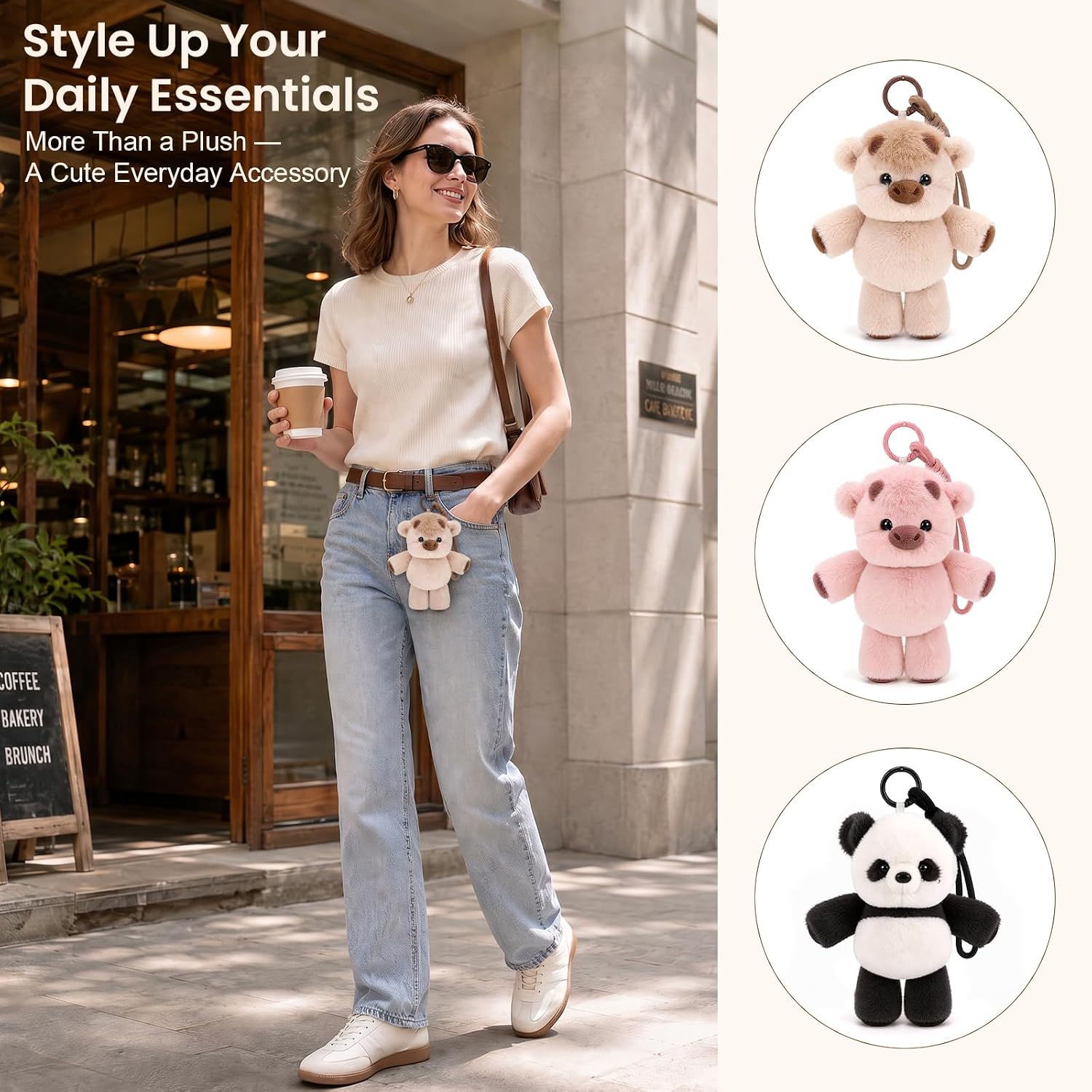 Running Highland Cow Plush Keychain, Panda keychain，5.9 Inch Mini Bag Charm, Khaki
