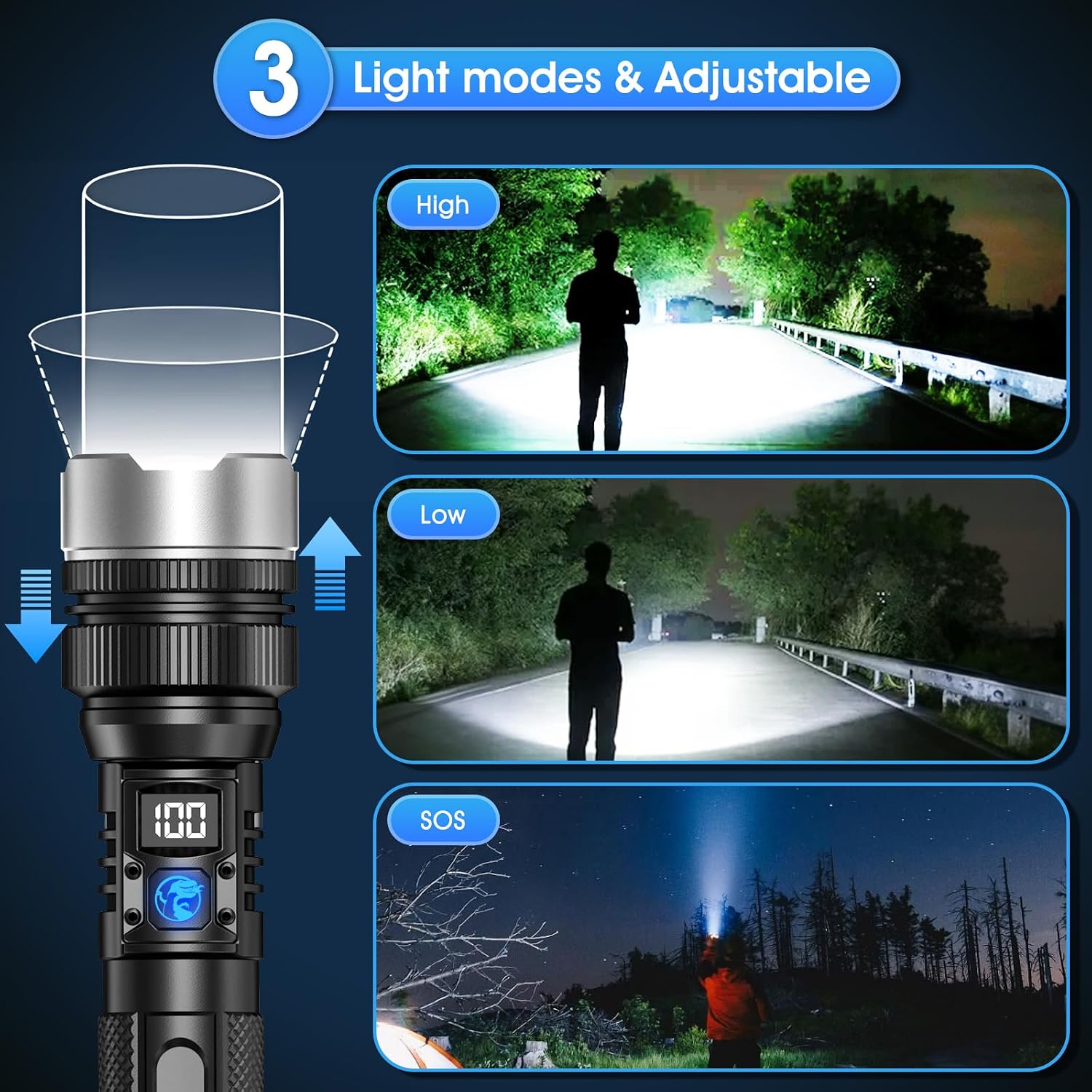 Flashlight with 50000 Lumens, Type-C Fast Charging & 16-Hour Runtime, 3 Modes, Telescopic Zoom, Waterproof, Compact Handheld Flashlight for Camping, Hiking, Hurricane Prep