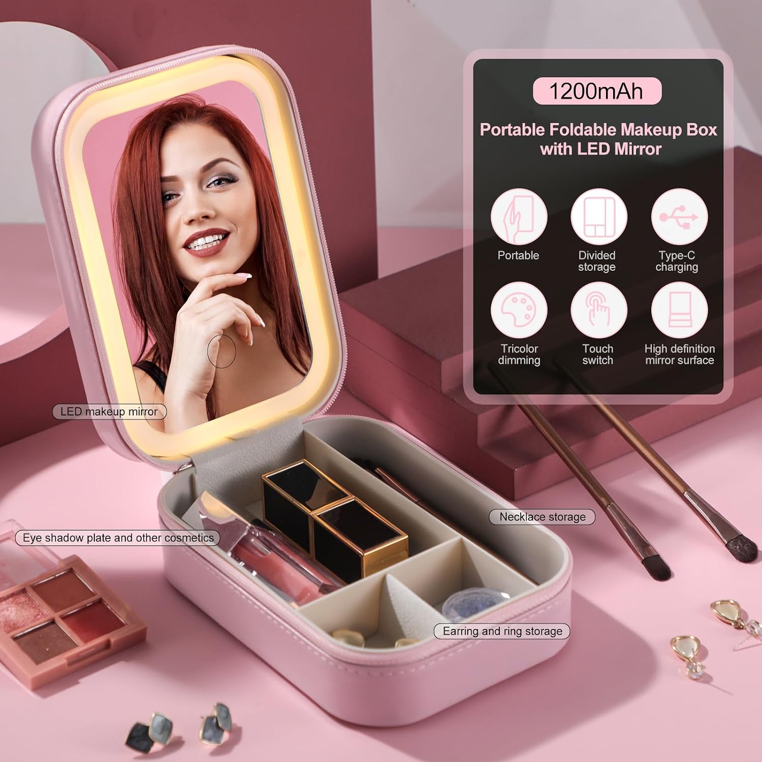 Travel Cosmetic Mirror Case LED Makeup Mirror Storage Case for Eyelash Station Brushes Cosmetic Tools Pink On-the-go Makeup Needs (Pink)