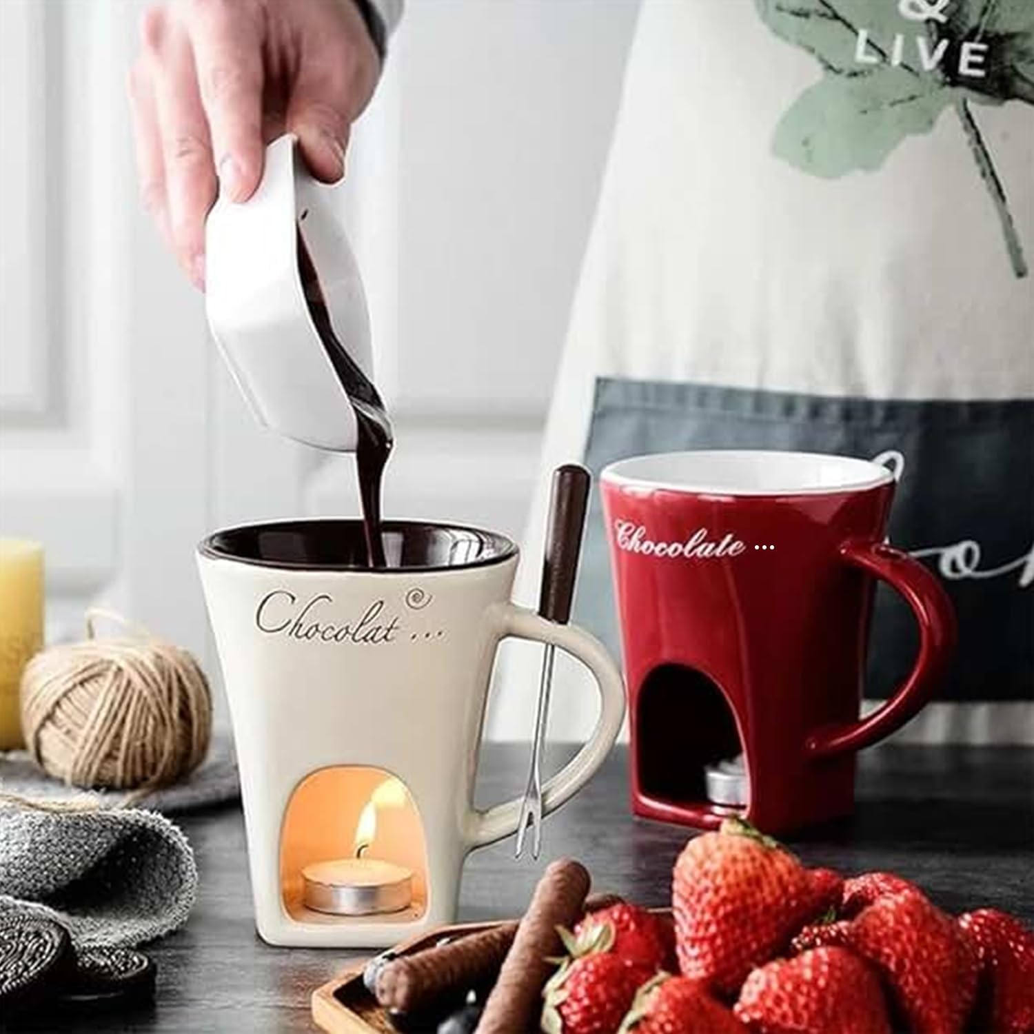 Chocolate fondue mug with fork