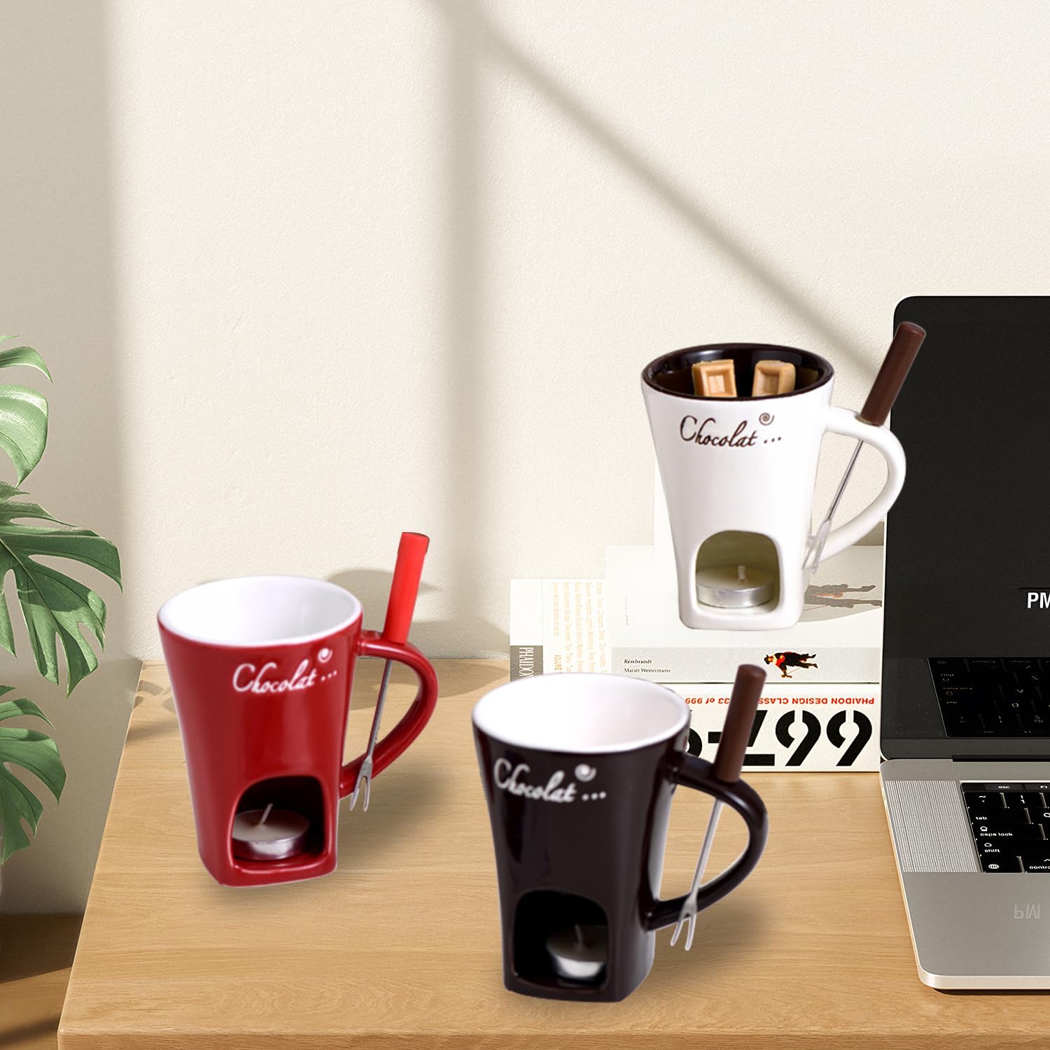 Chocolate fondue mug with fork