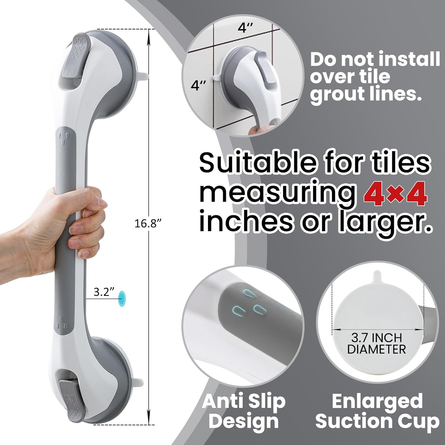 16.8 Inch Suction Shower Grab Bar – No-Drill Bathroom Safety Handle