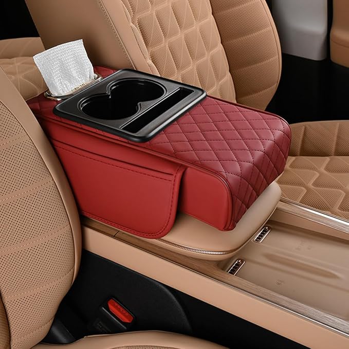 Car Armrest Cushion,5-in-1 Center Console Cover with 2 Storage Bags Cup Holder, Tissue Box Slot, Phone Slot for Sedans, Car Accessories Interior Organizers (Gey)