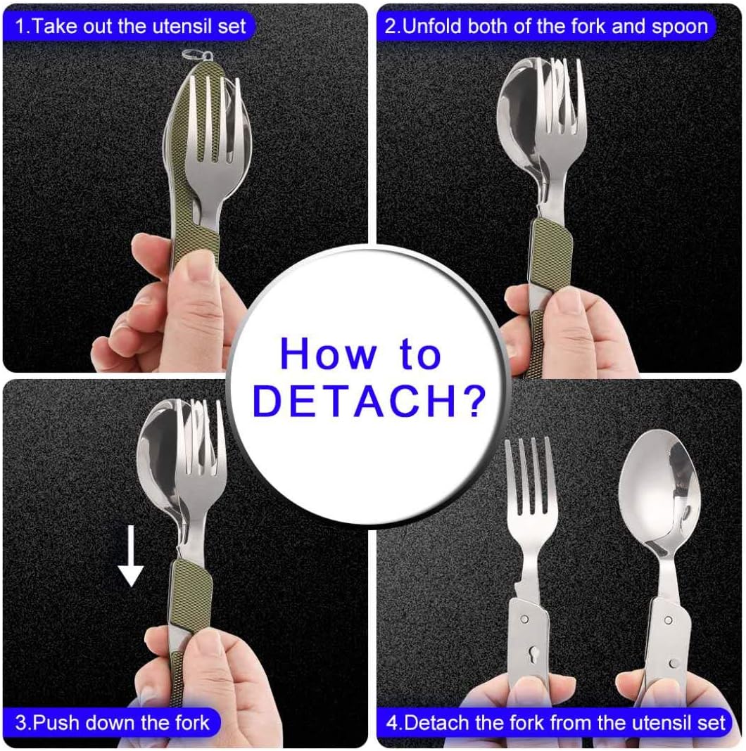 2Pcs Detachable Camping Utensils Cutlery Set, Caudblor Portable 4 in 1 Stainless Steel Travel Utensil, Foldable Knife Fork Spoon Bottle Opener, Multi Function Eating Flatware Tableware(Green Black)