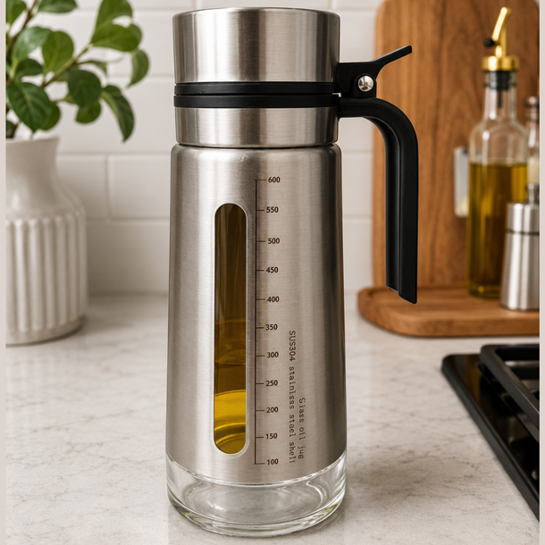 Stainless Steel Oil Dispenser Pot with Anti-Drip Spout (650ml)