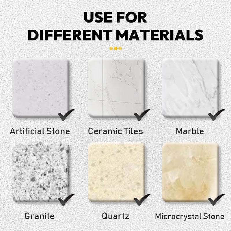 clarioy graphic showing six material samples: artificial stone, ceramic tiles, marble, granite, quartz, microcrystal stone