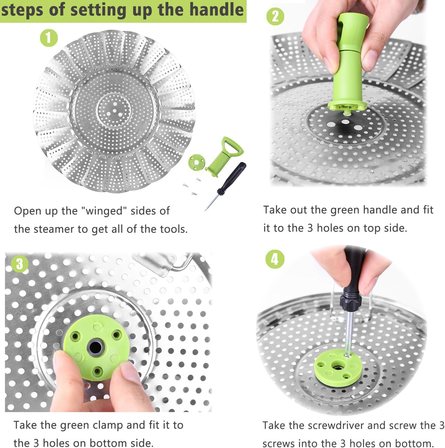 Consevisen Vegetable Steamer Basket for Cooking Food, Stainless Steel Veggie Steam Basket for Pot, Folding Expandable Steaming Insert with Extendable Handle Fits Various Size Pot, 5.1" to 9"