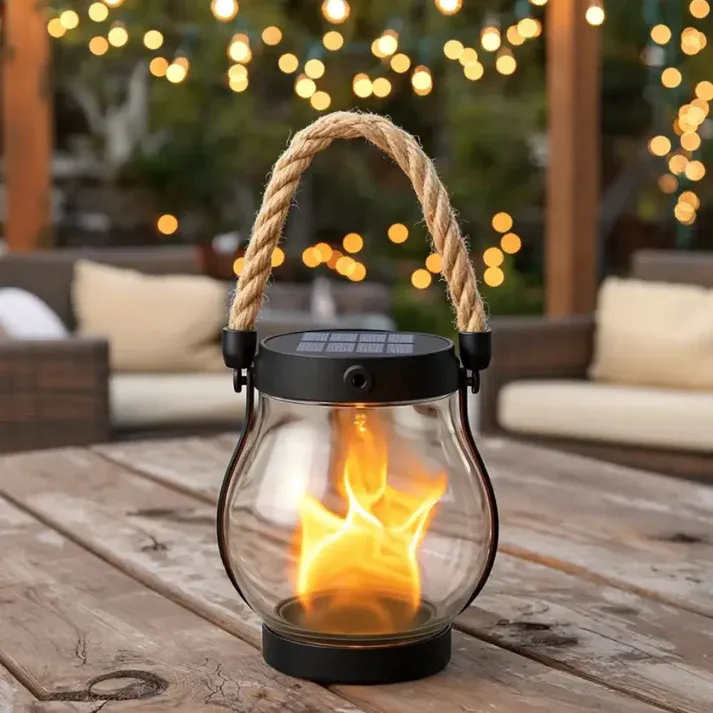 Solar lantern with flame effect