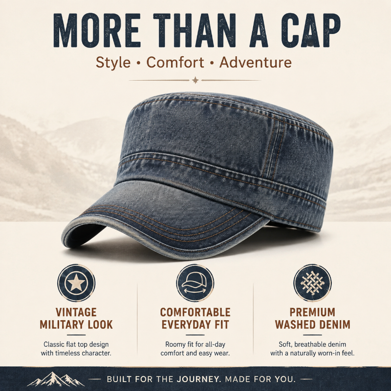 Washed Denim Military Cap — Vintage Flat Top Hat for Men & Women | 4 Colors
