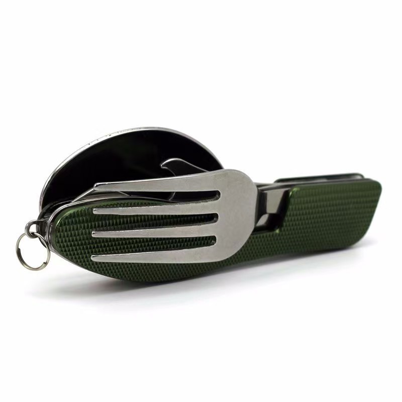 2Pcs Detachable Camping Utensils Cutlery Set, Caudblor Portable 4 in 1 Stainless Steel Travel Utensil, Foldable Knife Fork Spoon Bottle Opener, Multi Function Eating Flatware Tableware(Green Black)