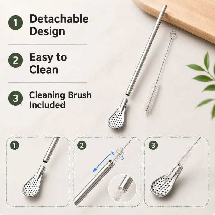 3‑Count Stainless Steel Straw‑Spoon, Multifunctional Filtered Strainer Scoop 🍹