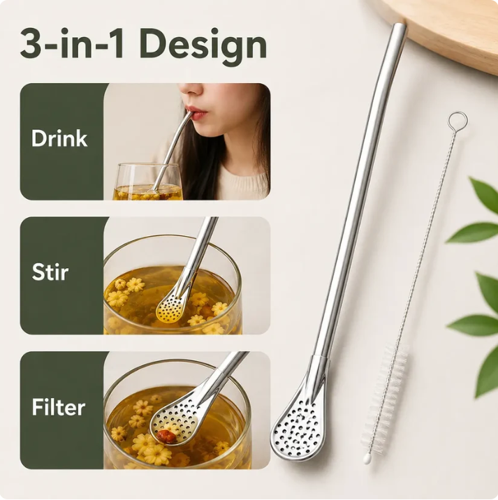 3‑Count Stainless Steel Straw‑Spoon, Multifunctional Filtered Strainer Scoop 🍹