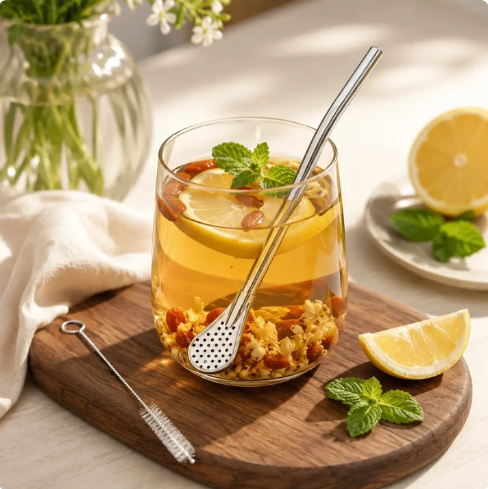 3‑Count Stainless Steel Straw‑Spoon, Multifunctional Filtered Strainer Scoop 🍹