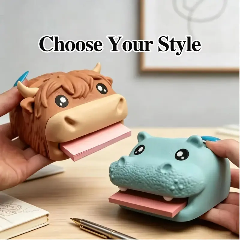 New Desk Organizer Frog Hippo Highland Cow Note Holder Resin Cute Pen Holder Pencil Stand with Sticky Note Dispenser Photo Slot