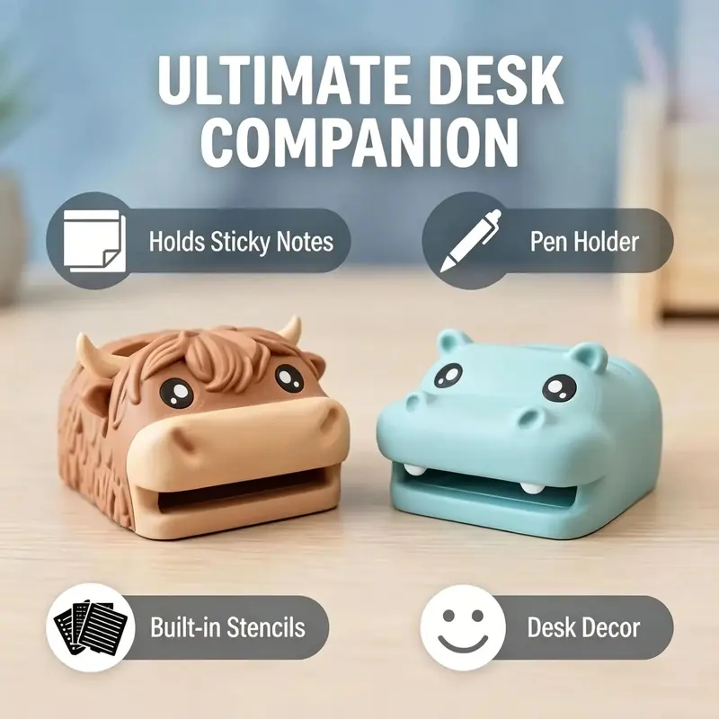 New Desk Organizer Frog Hippo Highland Cow Note Holder Resin Cute Pen Holder Pencil Stand with Sticky Note Dispenser Photo Slot
