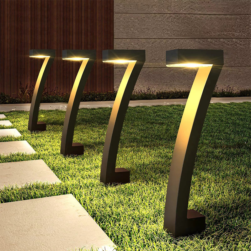 Solar-powered courtyard lawn lights in the shape of the number seven