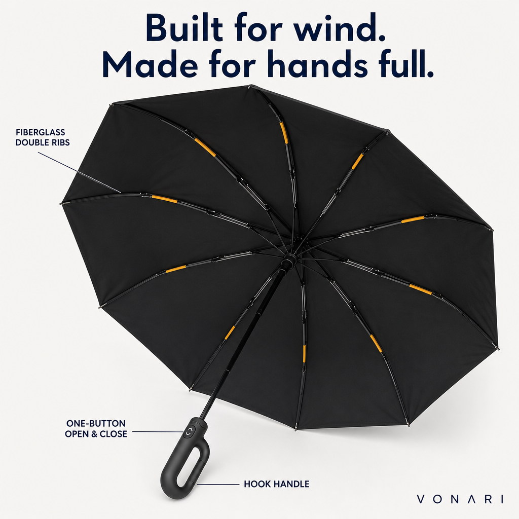 Fully Automatic Reverse Folding 2-in-1 Sun & Rain Umbrella, Black UV Protection Reflective Business Umbrella with Large Buckle