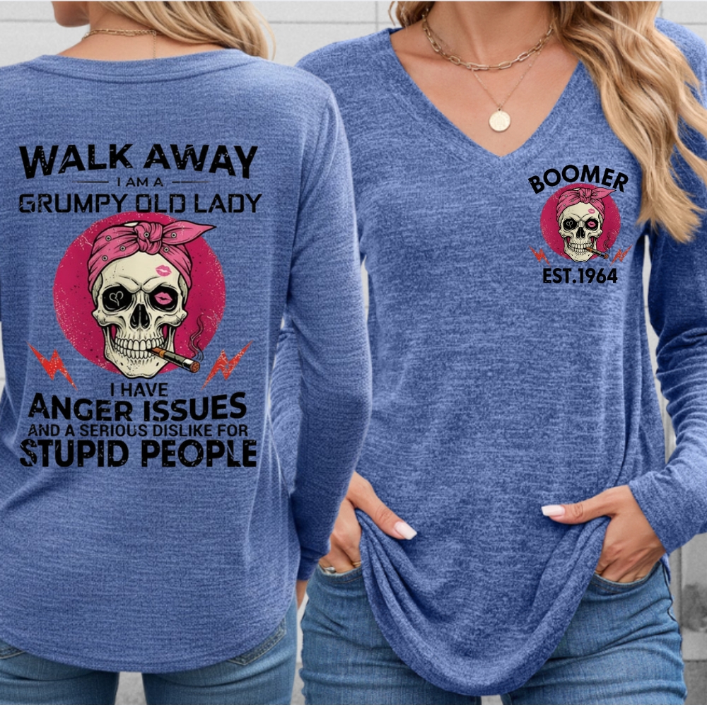 Walk Away I'm A Grumpy Old Lady Custom Year Of Birth Women's V-neck long sleeve, V-neck, Sweatshirt, Hoodie
