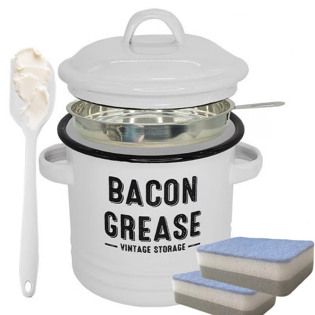 Bacon grease 6pc set 46 oz bacon grease container with strainer and food-grade silicone spatula-Two sponges