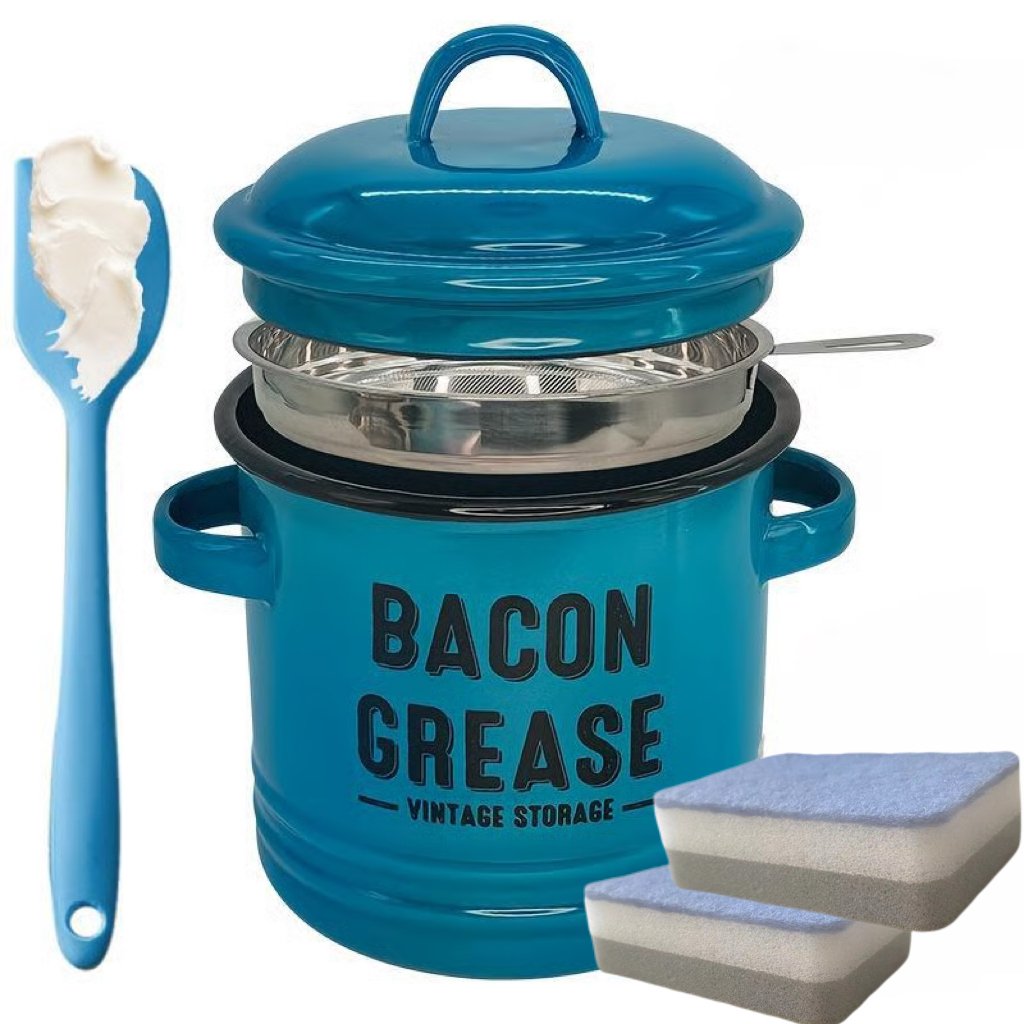 Bacon grease 6pc set 46 oz bacon grease container with strainer and food-grade silicone spatula-Two sponges