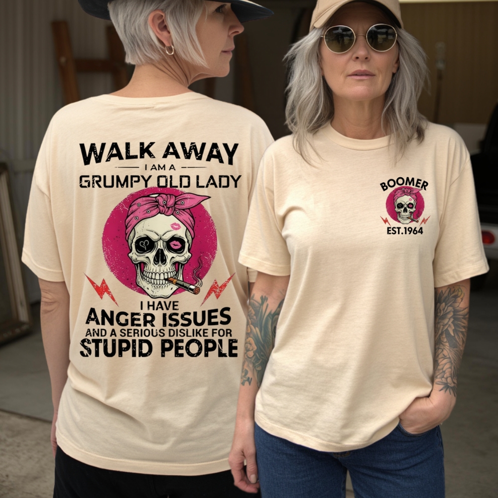 Walk Away I'm A Grumpy Old Lady Custom Year Of Birth Women's V-neck long sleeve, V-neck, Sweatshirt, Hoodie
