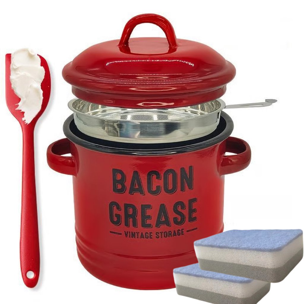 Bacon grease 6pc set 46 oz bacon grease container with strainer and food-grade silicone spatula-Two sponges