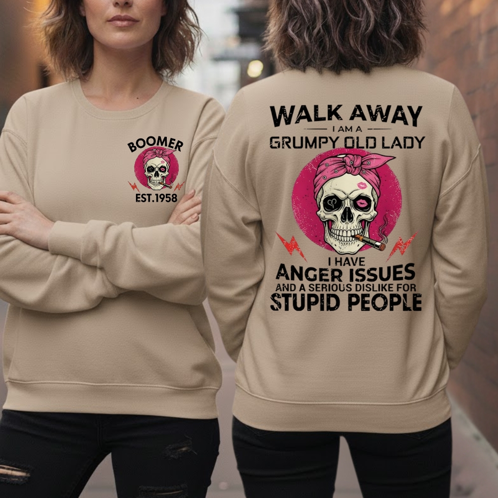Walk Away I'm A Grumpy Old Lady Custom Year Of Birth Women's V-neck long sleeve, V-neck, Sweatshirt, Hoodie