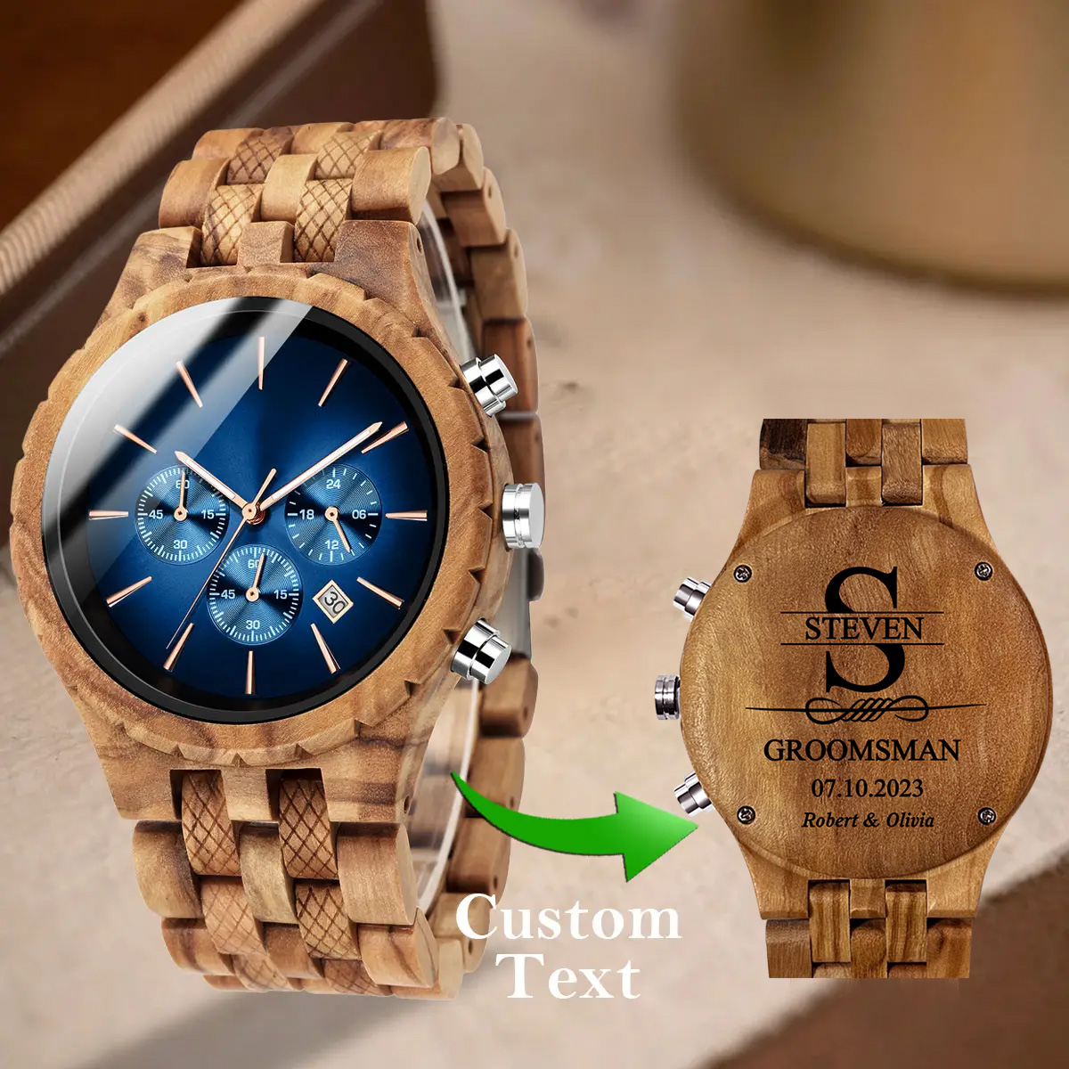 Fanvi Personalized Engraving Olive Wooden Watch for Best Man and Groomsman, Custom Wedding Groomsmen Gifts