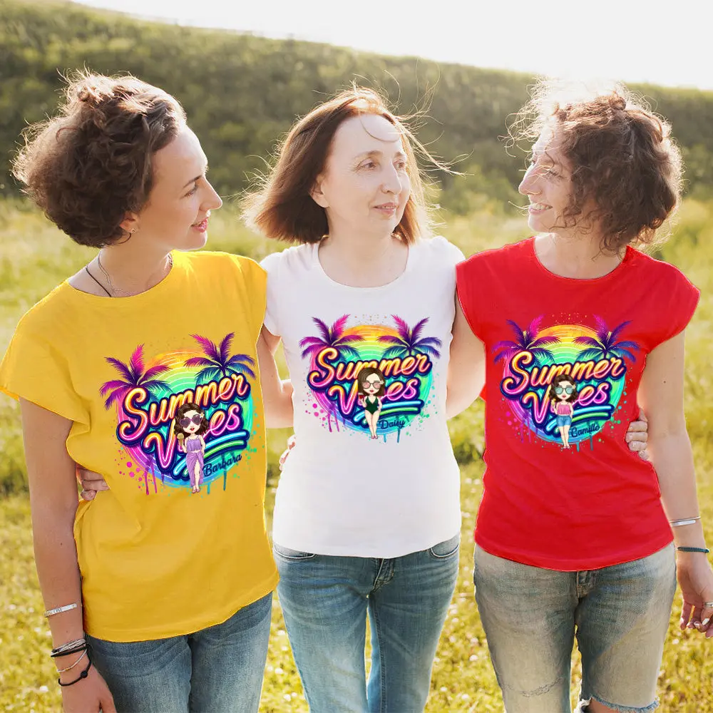 Personalized Cartoon Summer Vibes T-shirt with Name T-shirt Holiday Gift for Her