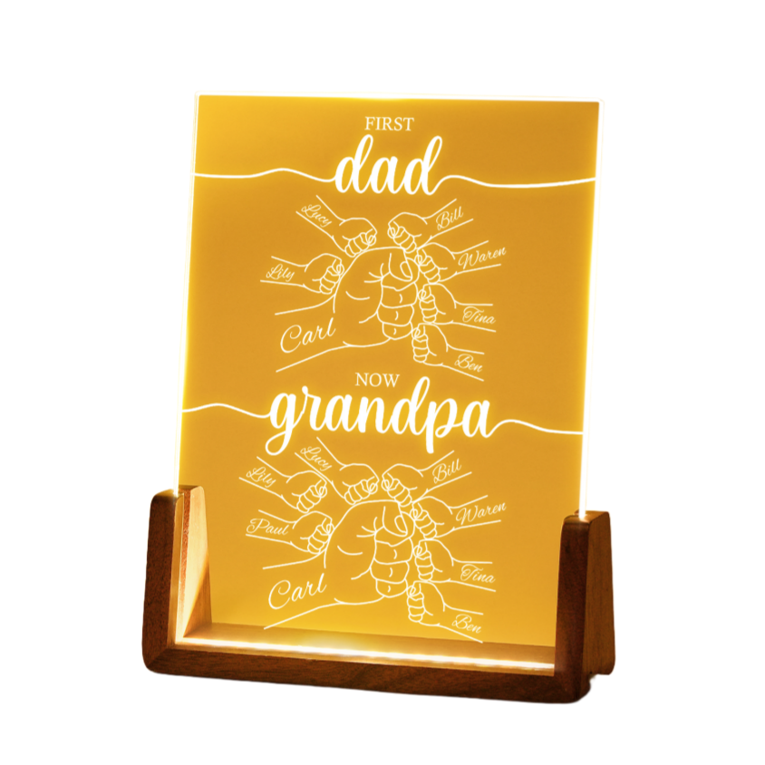 Custom Name Acrylic 3-Color Night Light with Walnut Base – First Dad Now Grandpa Father’s Day Gift
