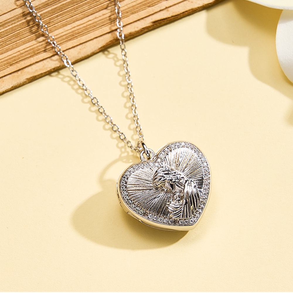Personalized Photo Necklace Heart Embossed Cubic Locket Necklace Gift for Mom