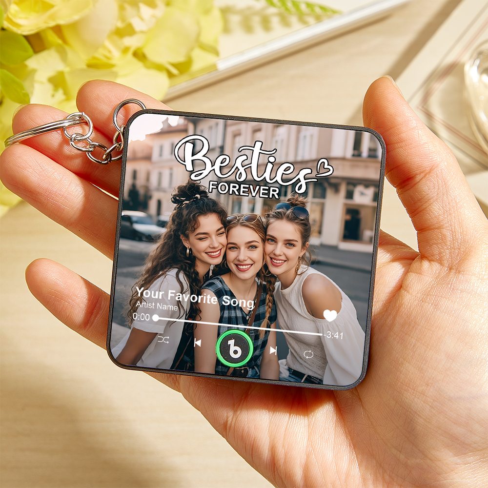 FridgeBeats Custom Photo Besties Theme Music Keychain Music Box Bag Charm That Plays Music Without Cell Phone Best Gift for Friends