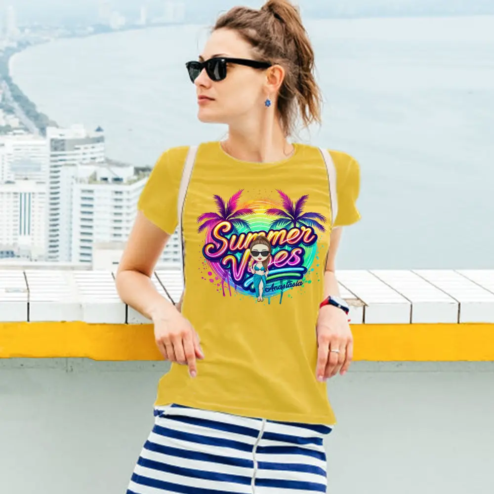 Personalized Cartoon Summer Vibes T-shirt with Name T-shirt Holiday Gift for Her