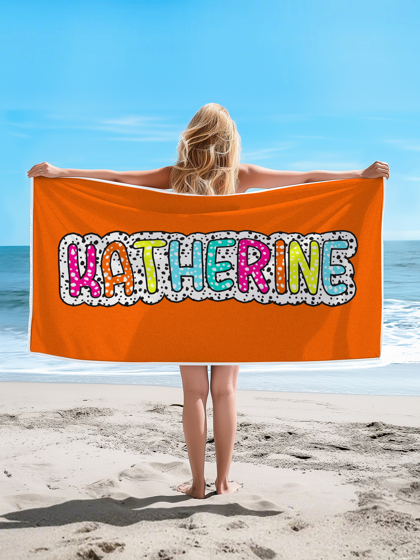 Personalized Dalmatian Dots Beach Towel with Rainbow Name Summer Vacation Bridesmaid Party Gift for Her