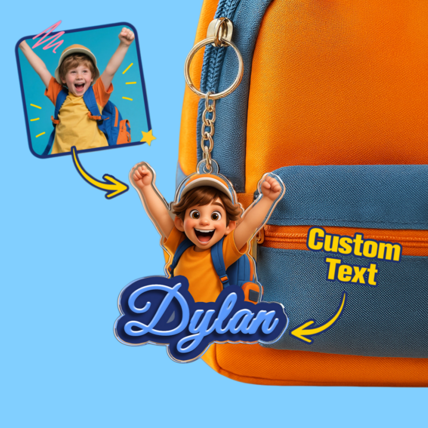 Custom Photo Cartoon Style Keychain – Personalized Name Keychain for Kids Back to School Gift