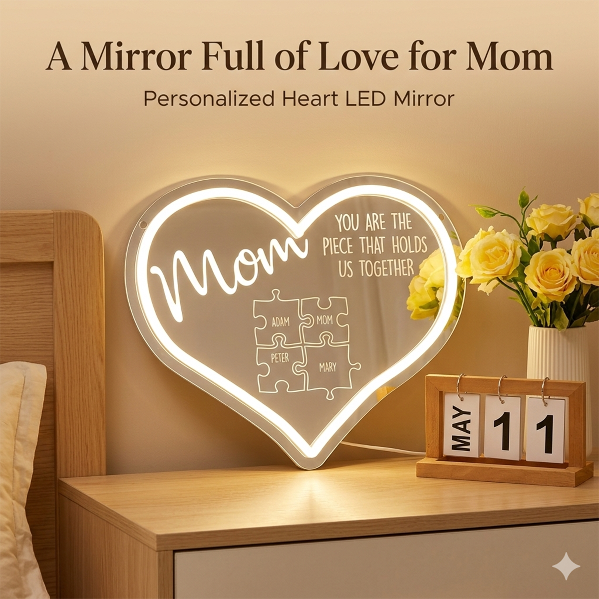 Personalized Puzzle Piece Neon Mirror Light for Mom