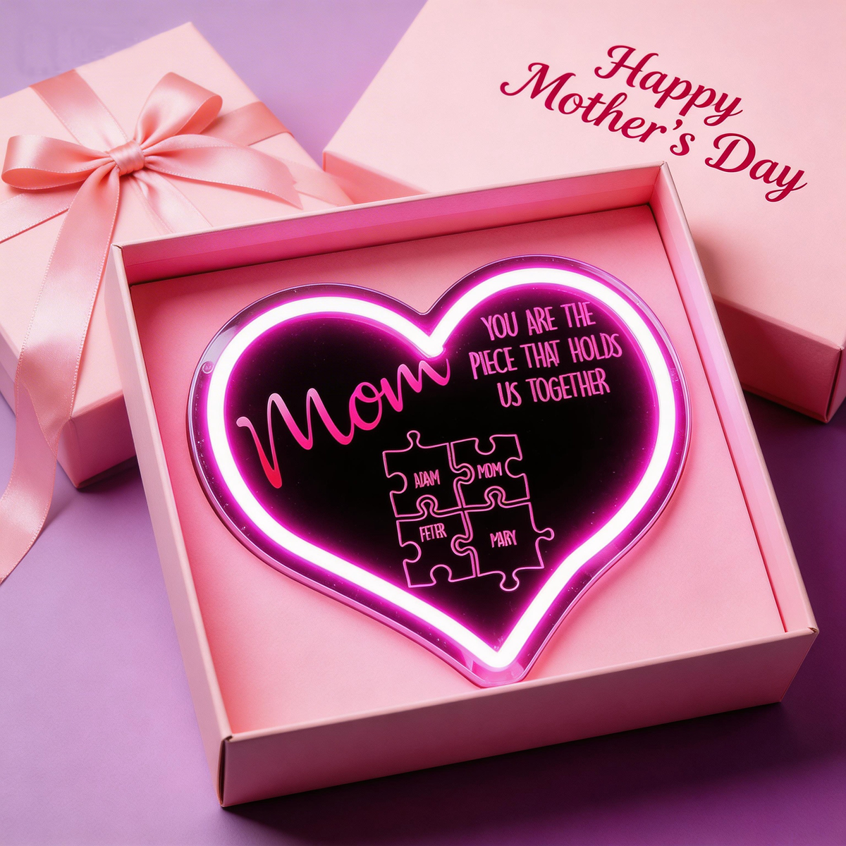 Personalized Puzzle Piece Neon Mirror Light for Mom