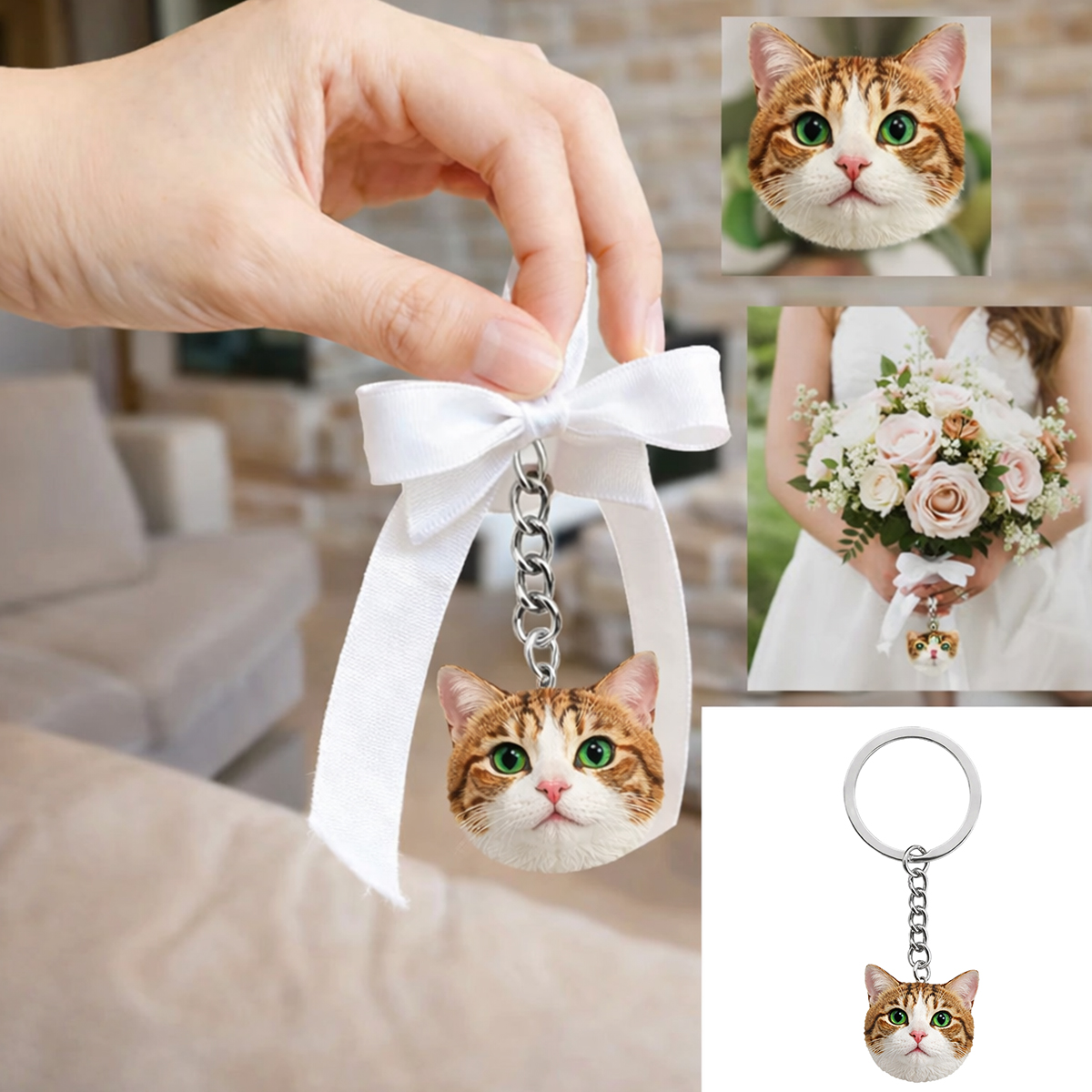 Custom Cat Face Keychain – Personalized Pet Portrait Keyring Gift for Cat Lovers