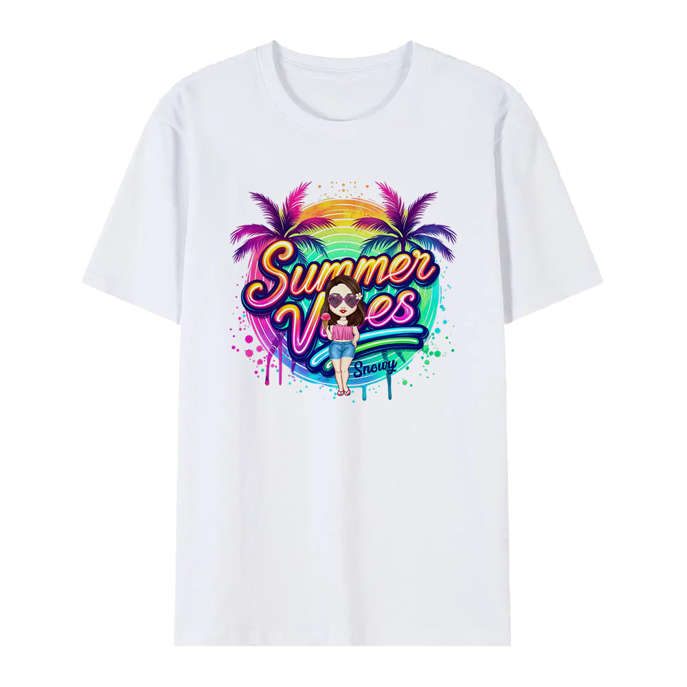 Personalized Cartoon Summer Vibes T-shirt with Name T-shirt Holiday Gift for Her