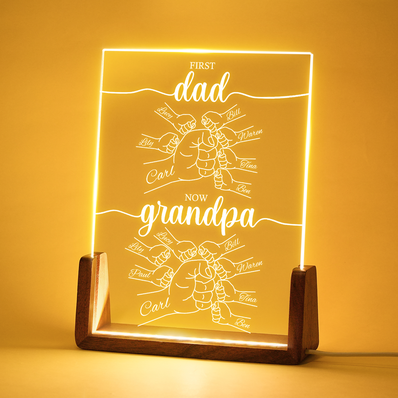 Custom Name Acrylic 3-Color Night Light with Walnut Base – First Dad Now Grandpa Father’s Day Gift