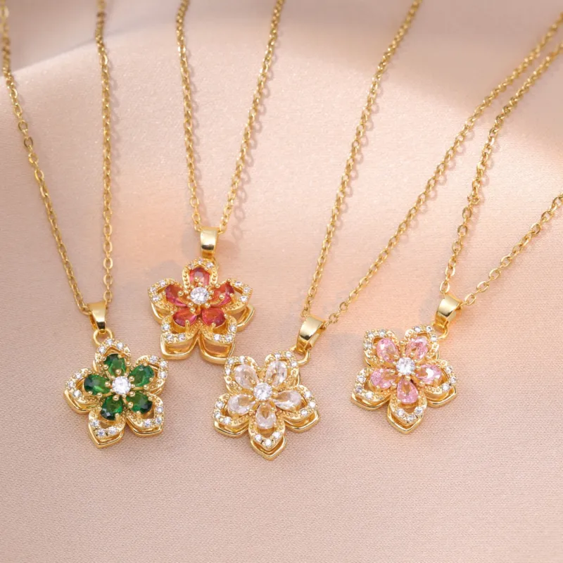 Floral Birthstone Necklace Lotus Flower Gemstone Necklace with Rotating Crystal Flower