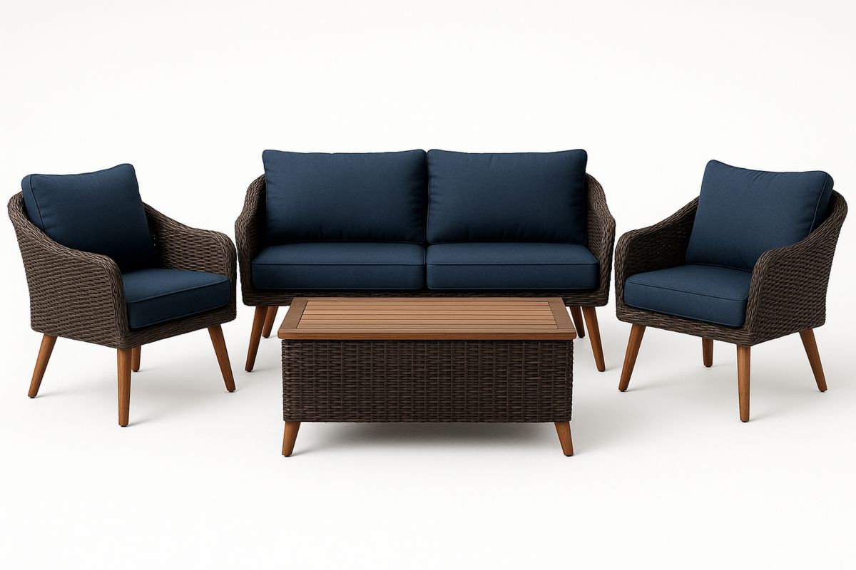 Outdoor Rattan Furniture Set with Navy Cushions-Trinovela
