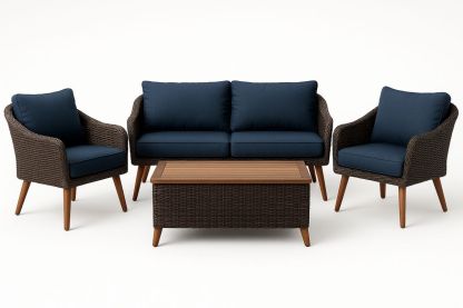 Outdoor Rattan Furniture Set with Navy Cushions-Trinovela