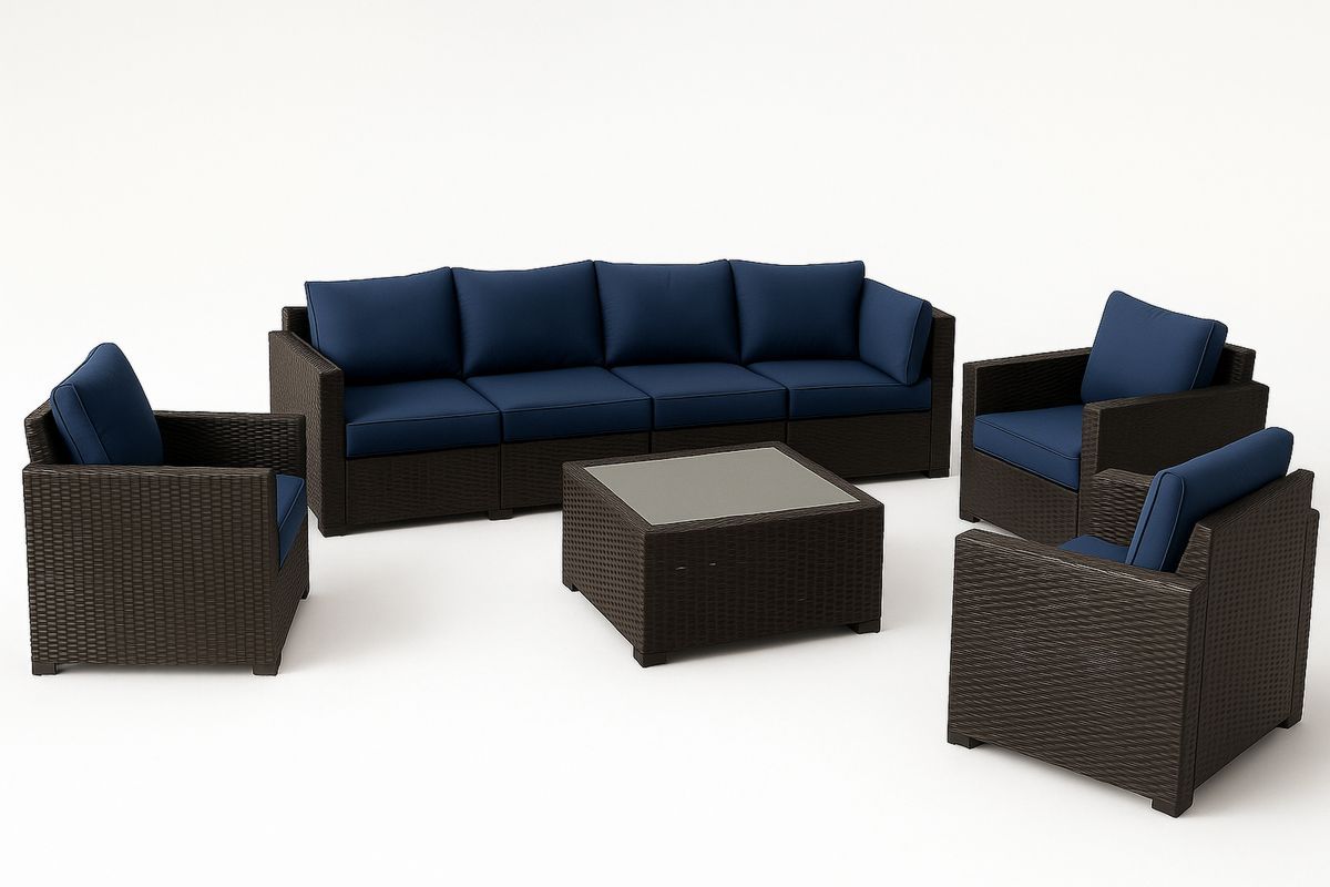 Outdoor PE Rattan Sofa Set with Navy Cushions-Trinovela