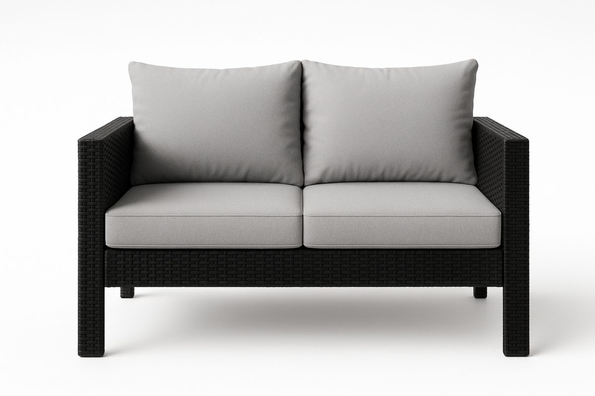 Outdoor 2-Seater Sofa Aluminium Frame with PE Wicker Rattan and Grey Polyester Cushions-Trinovela